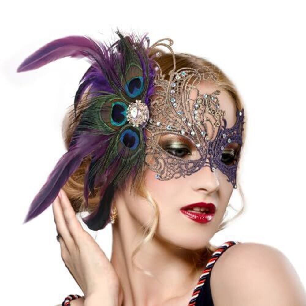 7690 Purple Masquerade Masks - Handmade 1920s Peacock Feather Lace Mask
